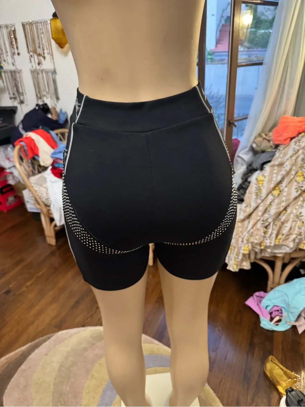 Black Studded Graphic High Waisted Bike Shorts with White Panther Motif